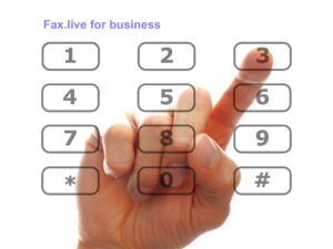 A hand dials the number 3 on an illustration that reads Fax.Live fax for business