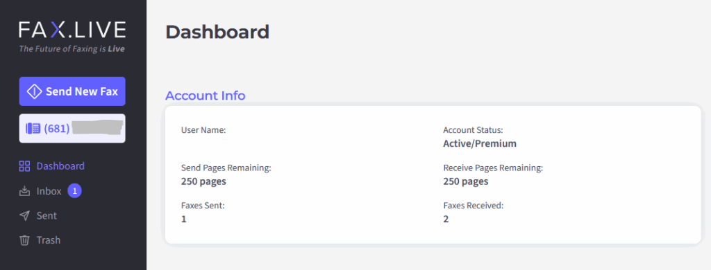 Fax.Live dashboard showing how to send a fax and a unique fax number.