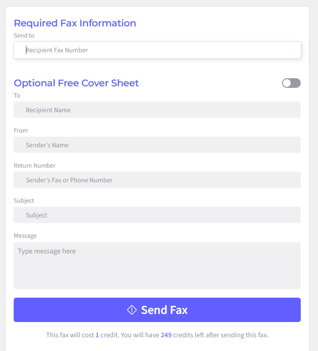 Required fax information with empty fields for recipient and optional fax cover sheet.