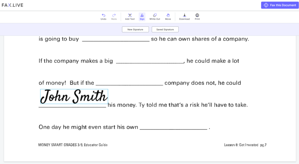 An example of a signature being added to a PDF on Fax.Live