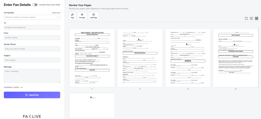In this example screenshot the enter fax details panel is on the left where the sender fills in fax number, to, from and a message. The right is a thumbnail view of pages to review.