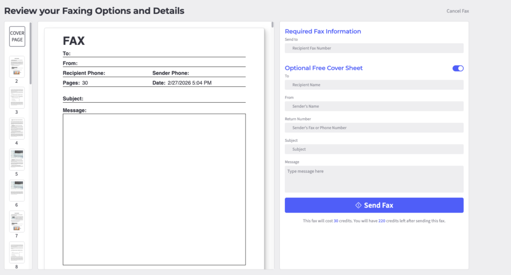A split-pane window with the thumbnail view of the fax pages on the left, the preview of the fax cover sheet, and the required fax information form on the right.