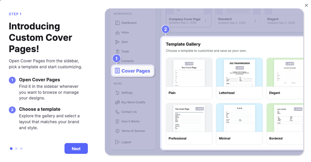 A screenshot shows what fax.live's cover sheet template gallery looks like.