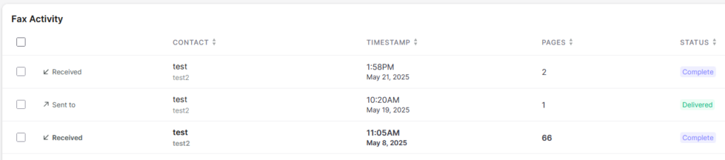 Screenshot of Fax.Live's dashboard showing three fax activities. 