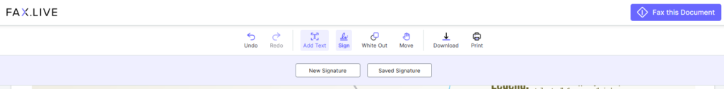 The fax.live editing tools with sign selected.