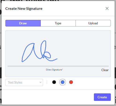 A signature Ak in the create new signature box of fax.live