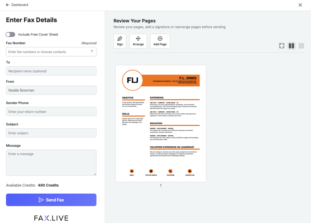 An example of the fax.live user experience shows a resume uploaded for FL Jones and the enter fax details field selected.