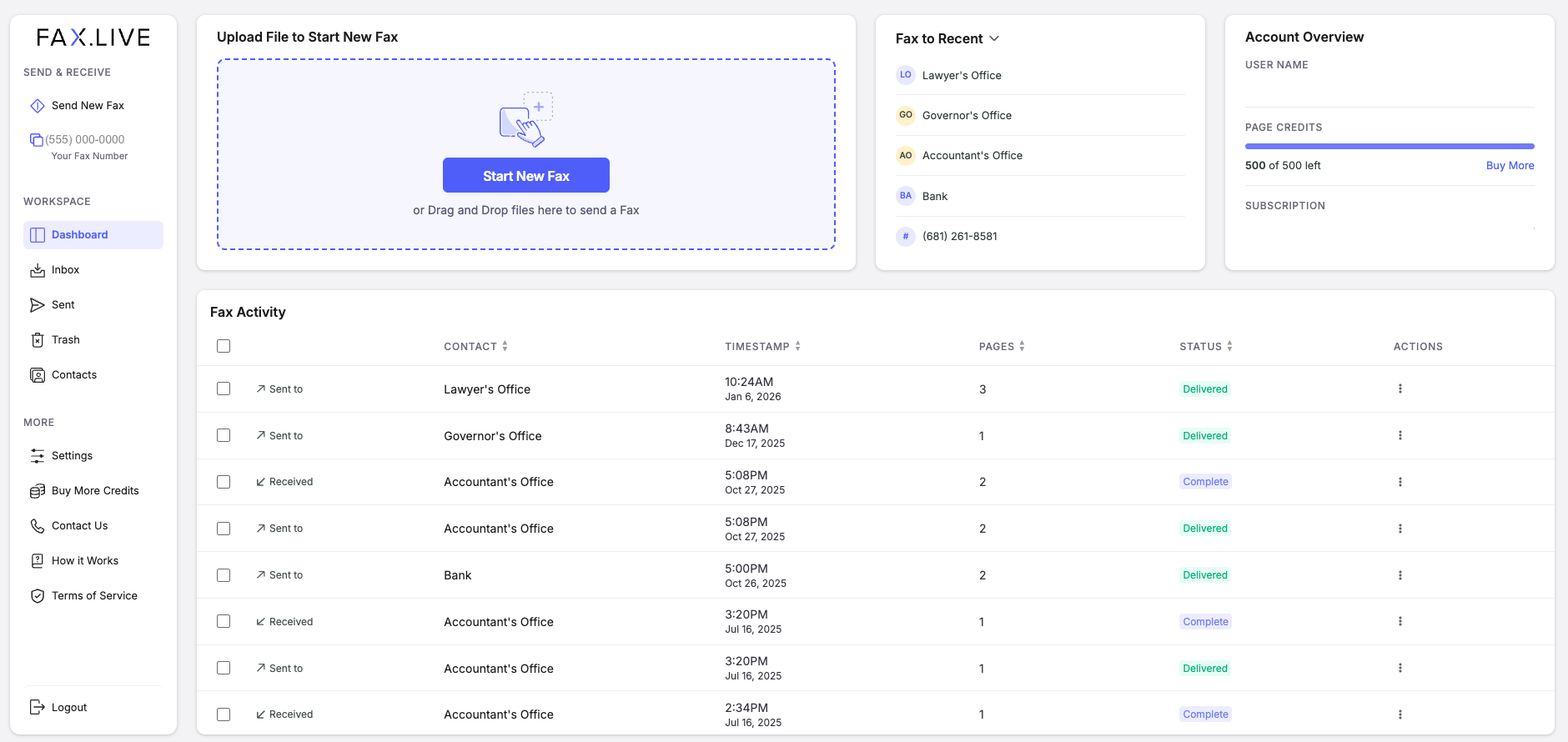 Fax.Live's user dashboard
