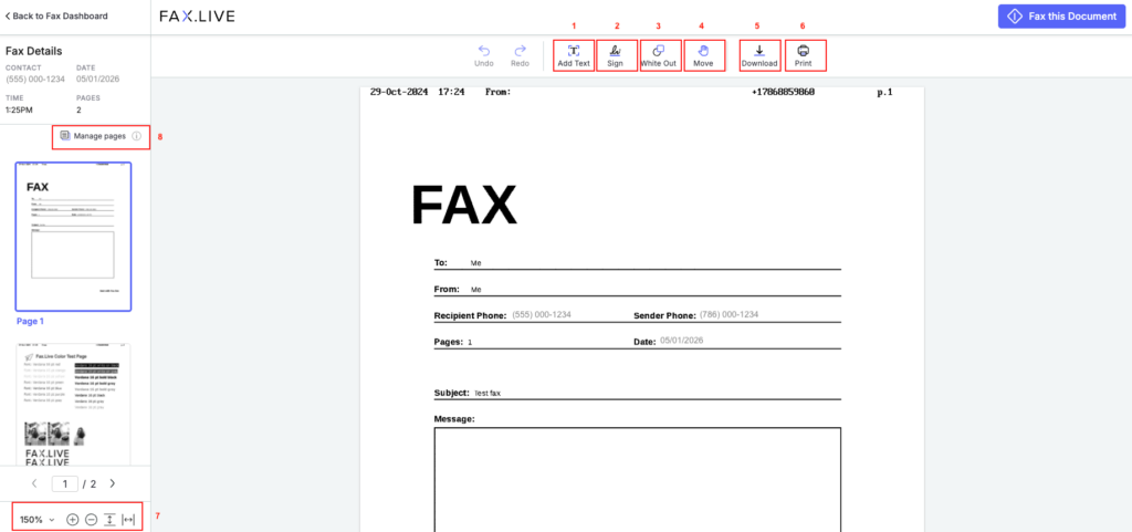 The Fax.Live editing dashboard with boxes around key editor features.