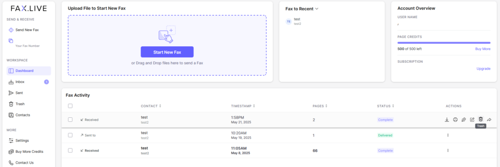 Fax.Live's user dashboard with trash selected to delete a file.