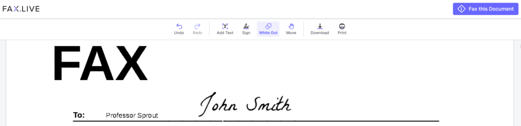 A screenshot showing the name professor sprout next to John Smith in the To box of a fax cover sheet.