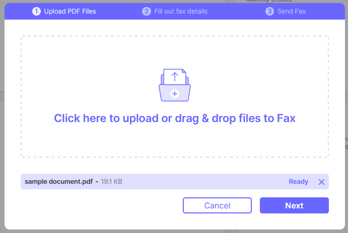 A screenshot showing click here to upload a fax and the fax sample document pdf is ready.