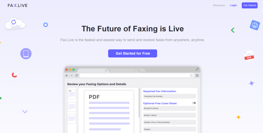 The home page of fax dot live reads "the future of faxing is live" and there is a get started for free button.