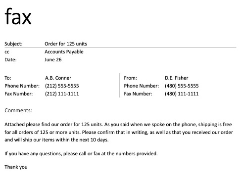 An example fax cover letter to a.b. conner from d.e. fisher is placing an order for 125 units and confirming the price and shipping terms. 