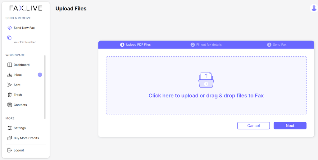 A screenshot showing where to upload files to fax.live