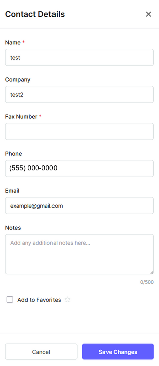 Contact details for the example fax contact recipient.