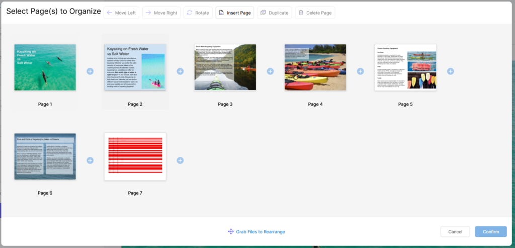 From this screen, you can click a page that you want to move. Then, click Move Left or Move Right to change its order in the document. You can also click and drag the pages to where you want them placed in the document. 