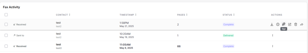 Fax.live's fax activity dashboard.