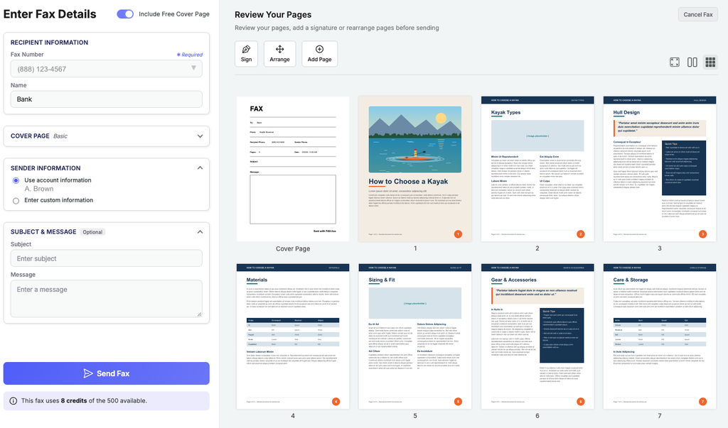 A screenshot of the Fax.Live dashboard showing a 7-page brochure on kayaking and a cover page.