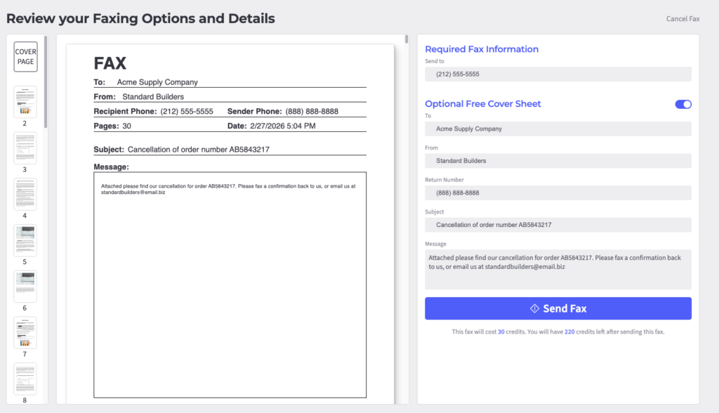 An example cover letter to Acme Supply Company from Standard Builders is asking to cancel an order.