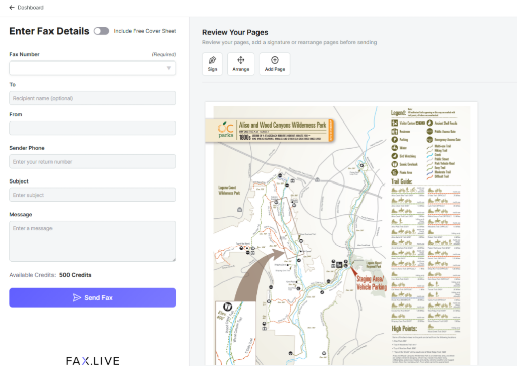 Preview of a fax ready to send from Fax dot live with enter fax details and someone faxing a map.