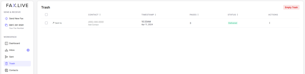 Fax.Live's trash folder for deleted faxes