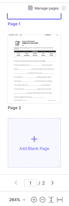 The thumbnail view of fax.live's editor is visible showing the add blank page option. 