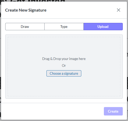 Create New Signature box showing the drag and drop feature to upload an image file.