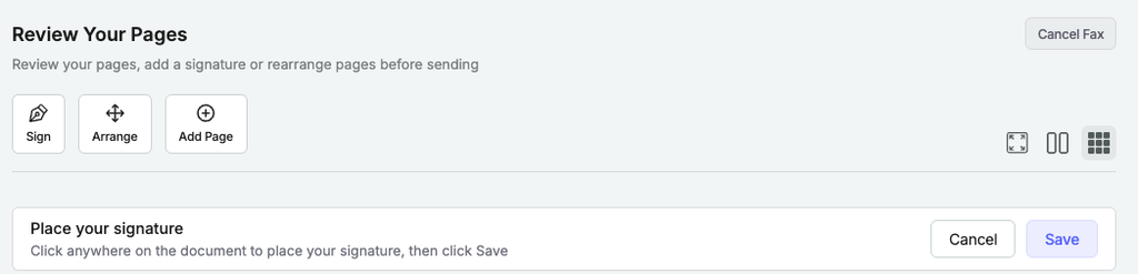 A screeenshot of fax.live showing the review your pages option and place your signature highlighted.