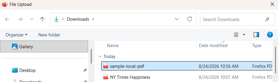 the file upload box shows where to find the file using firefox as an example