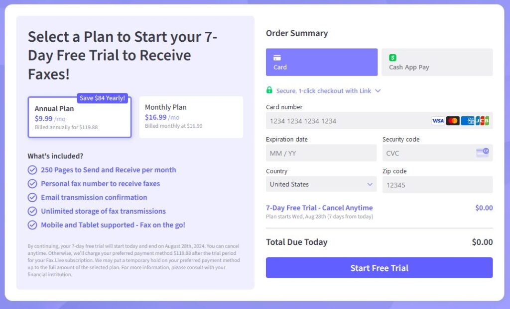 A screeenshot shows how much it costs to use fax.live. It says to select a plan to start a 7-day free trial and the annual plan is 9.99 a month.