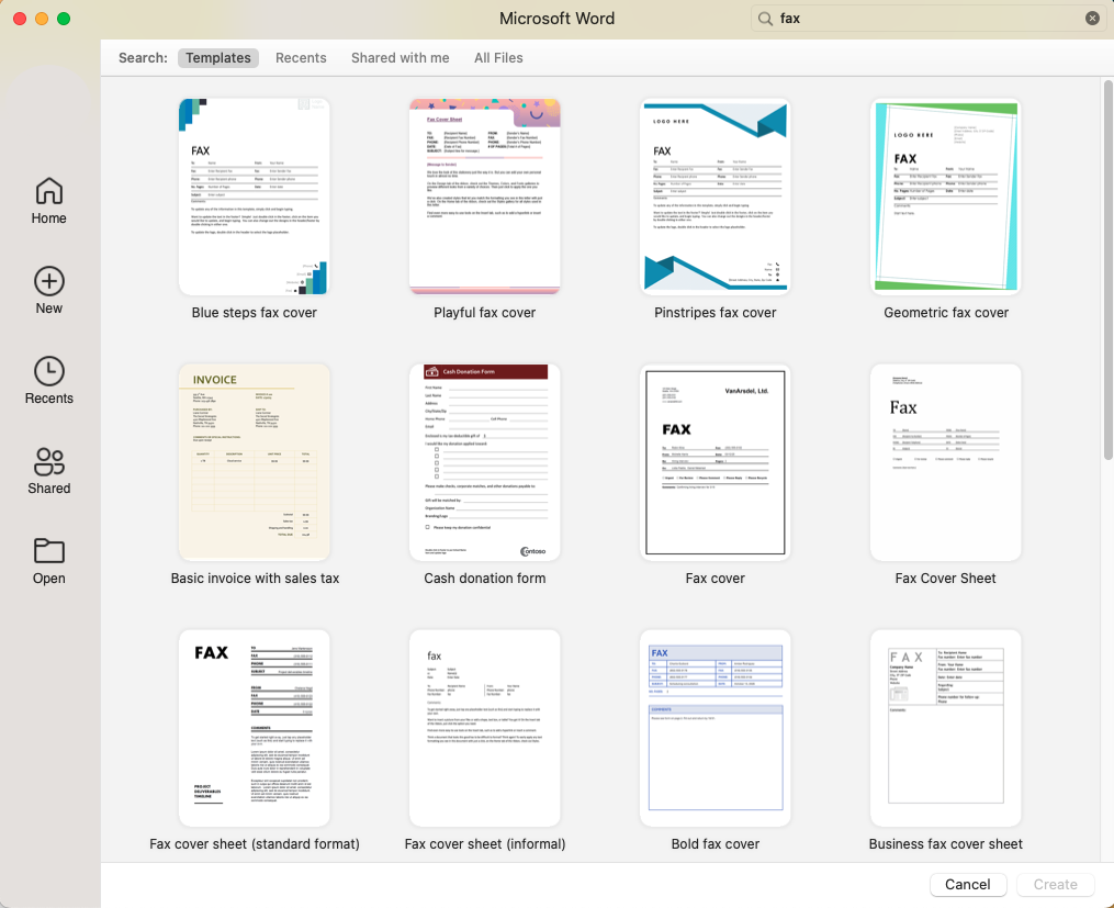 A screenshot showing 12 of Microsoft Word's fax templates. 