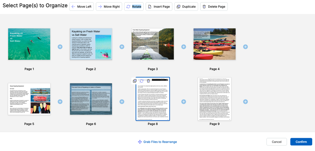 The fax.live thumbnail view shows select pages to organize