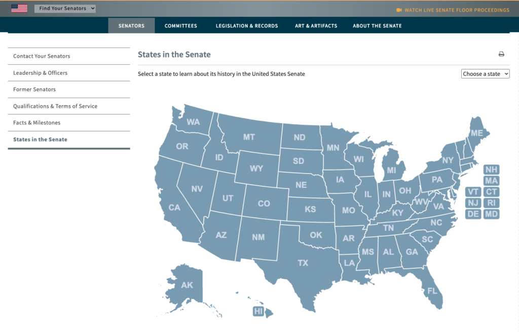 A clickable map of the United States showing how you can find your senator