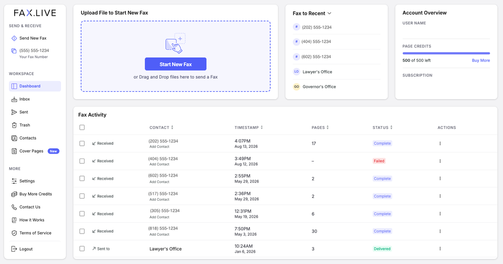 The fax.live user dashboard showing the workspace options, fact activity, fax to recent, account overview and how to start a new fax.