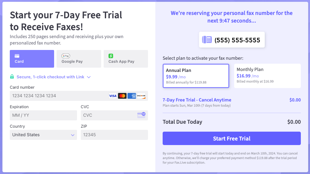 A screenshot shows what the free trial page looks like. It has fields for entering a credit card number and suggests an annual plan at 9.99 per month billed annually for 119.88