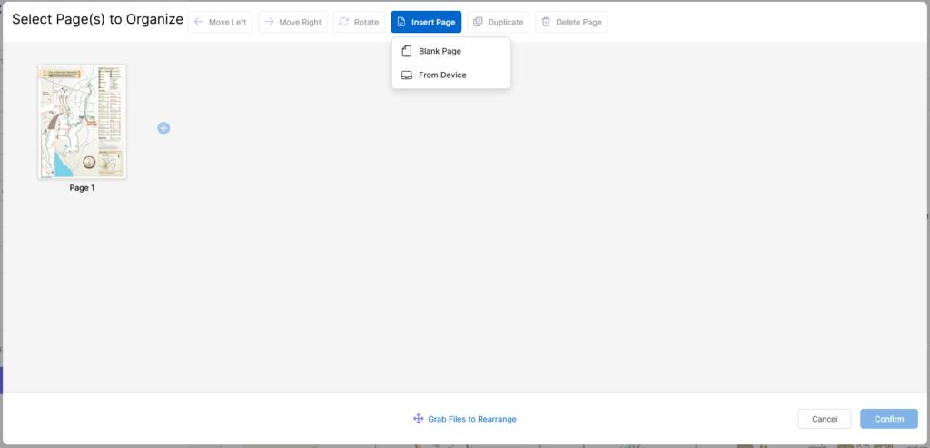 Thumbnail view of the fax pages ready to send and the option to insert a blank page or upload a page from a device.