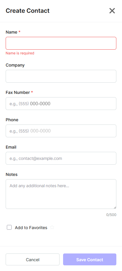 Create a contact form shows the fields that need to be entered. name, company fax number and phone.