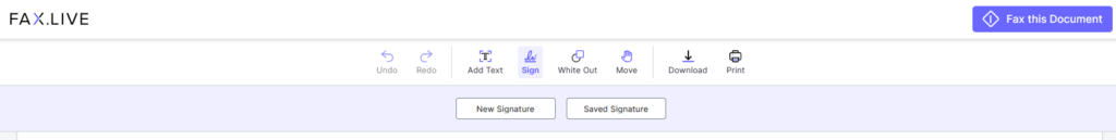Fax.Live's editing menu with sign selected.