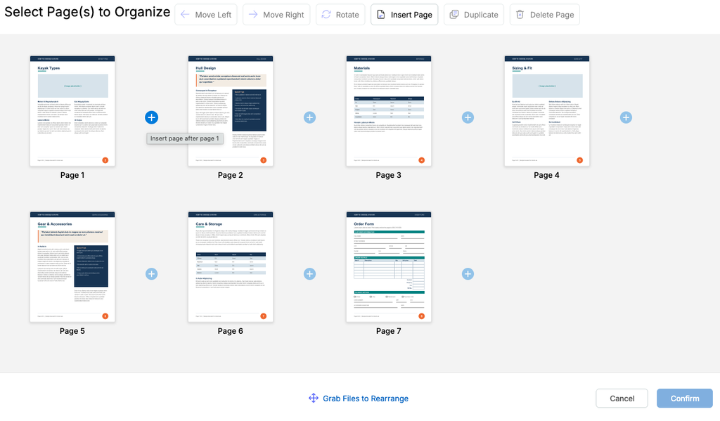 To add a page back, follow the steps for removal and, from the Page Organizer, click Insert Page or the plus sign next to a page to add any new or old pages back to your fax. 