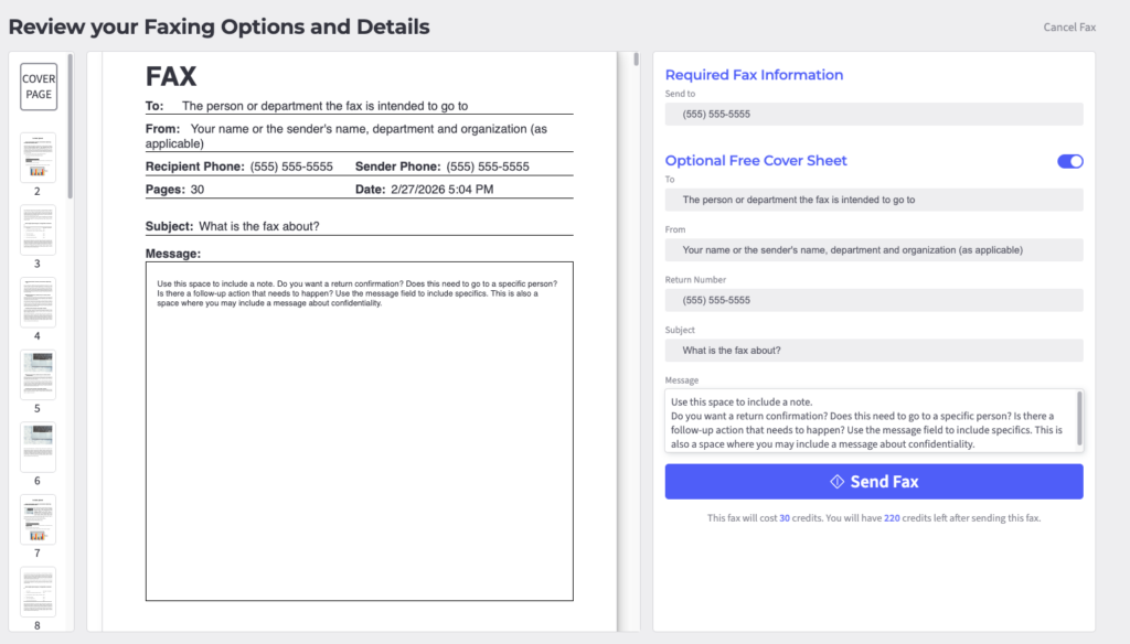 Thumbnails of the fax are on the left. A preview of the fax cover sheet is in the middle showing placeholder text in the fields. On the right is the fax cover sheet form for Fax.live.
