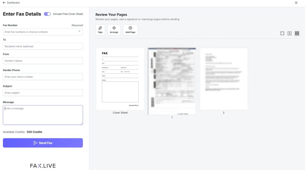 The fax.live dashboard shows three pages in the review your pages view.
