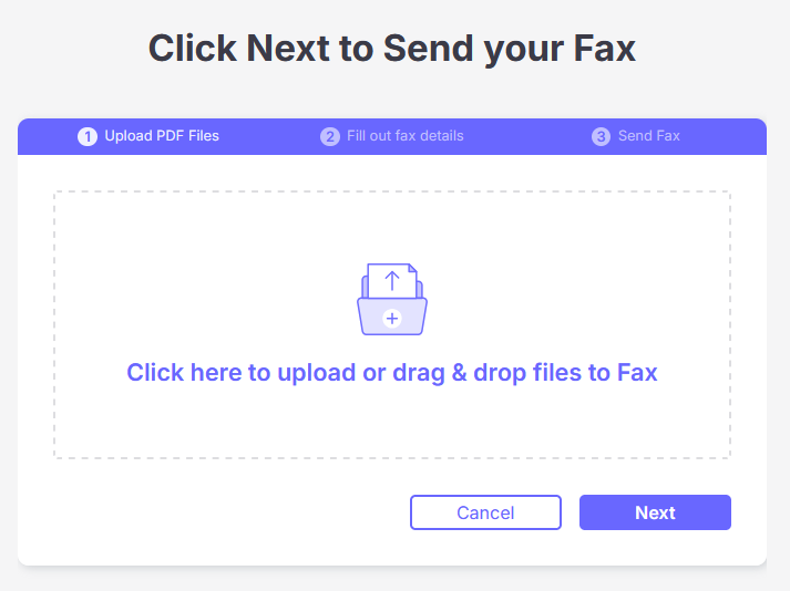 The fax dot live user module says click next to send your fax, click here to upload or drag and drop files to fax