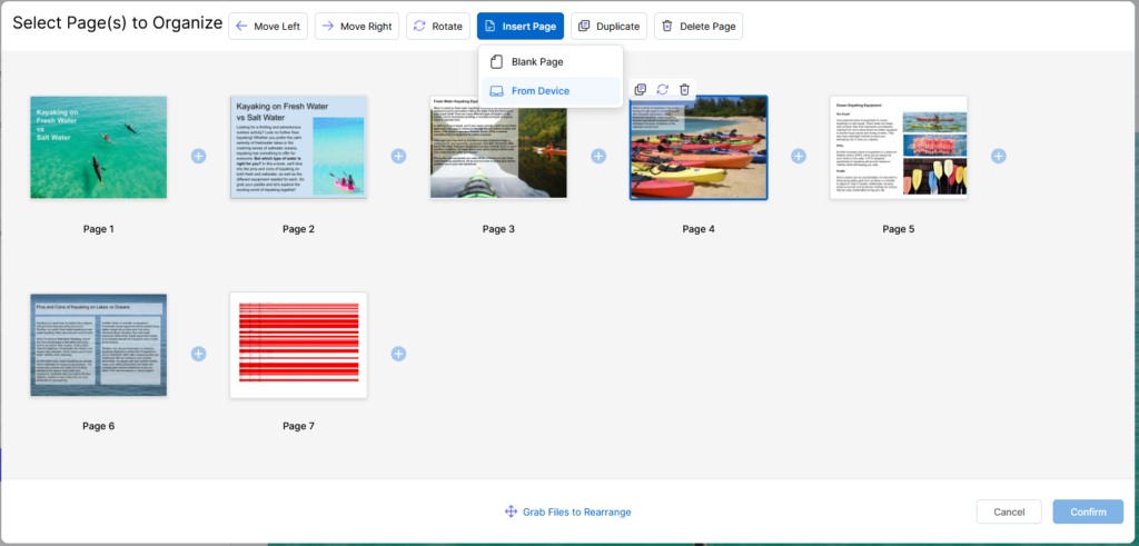 To add new pages from a second document to your fax, open the fax in Fax.Live and click Arrange. In the Arrange menu, click the Insert Page option.