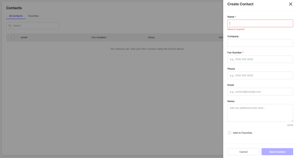 Fax.Live's add a contact user experience