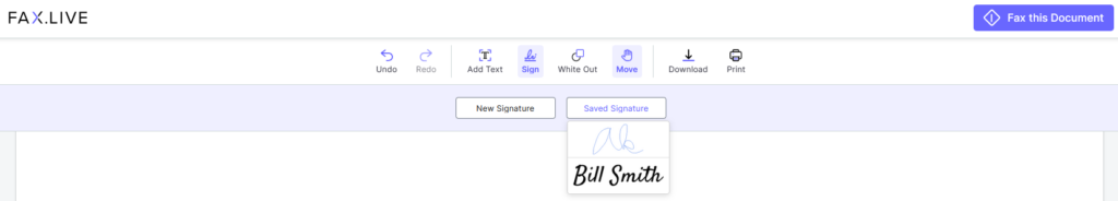 The fax.live sign feature showing two options for reusable signatures.