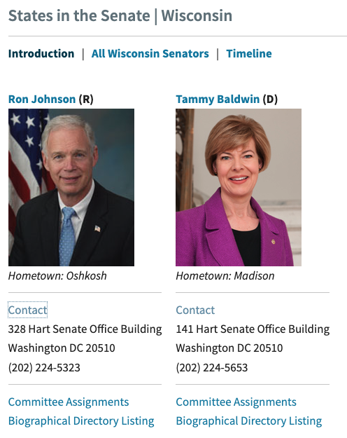 An example from Wisconsin showing the two senators in 2026 with their contact information. 
