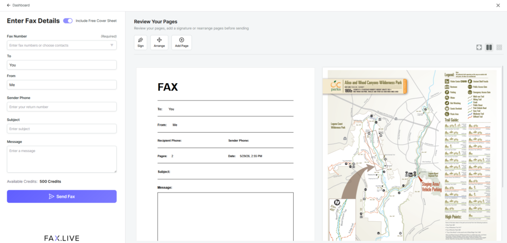 Enter fax details is showing with the cover page option toggled to on. 