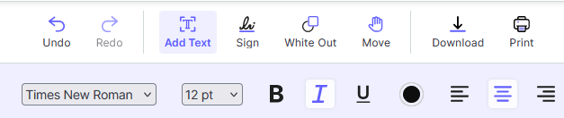 The editing tools are visible showing add text, and the font size and italics selected.