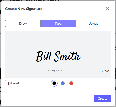 The create new signature field in fax.live shows Bill Smith in italic font.